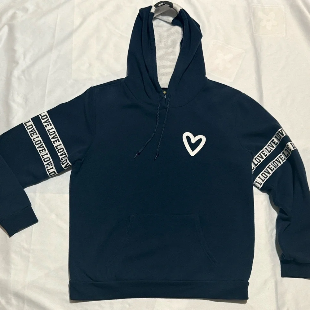 Women’s Large Navy Hoodie with Deep Front Pockets “Love” - Picture 1 of 8